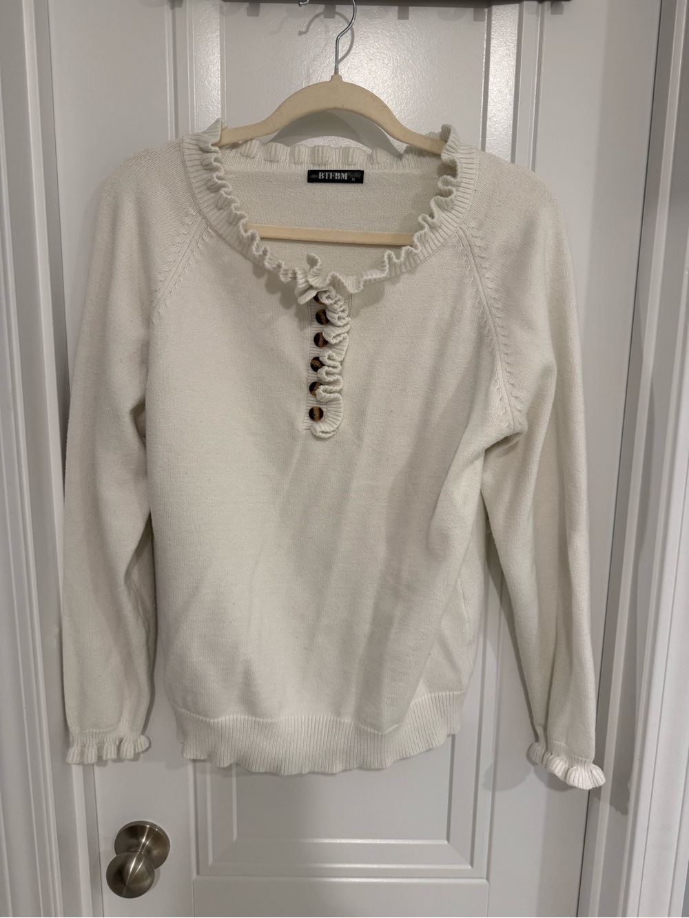 Amazon Cream Ruffle Henley Knit Sweater